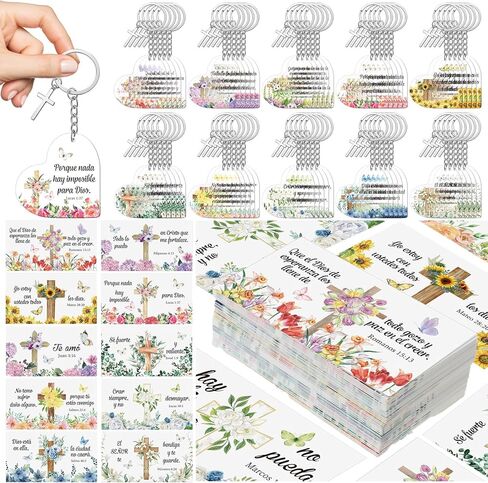 Sureio 100 Set Spanish Christian Keychain and Cards Butterfly Acrylic Bible Verse Scripture Religious Inspirational Key Ring Spanish Christian Religious Gifts for Women Men in Saudi Arabia