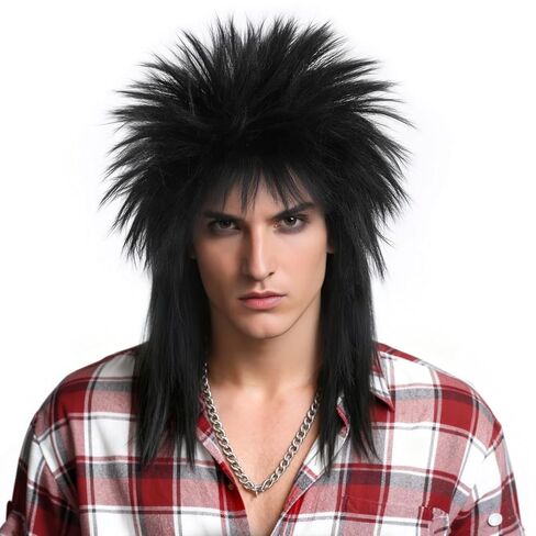 ANOGOL+Hair Cap Rocker Mullet Wig 70s 80s Long Orange Spiky Wig for Men Rockstar Cosplay Synthetic Hair Anime Outfit for Halloween Party in Saudi Arabia