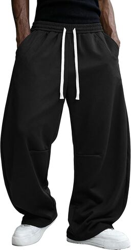 Men's Baggy Sweatpants Wide Leg Barrel Sweat Pants Drawstring Elastic Waist Loose Fit Slacks with Pockets in Kuwait
