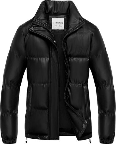 Chrisuno Women's Short Faux-Leather Puffer Jacket Fleece Lined Vegan Leather Winter Coat Waterproof Bubble Jackets in Saudi Arabia