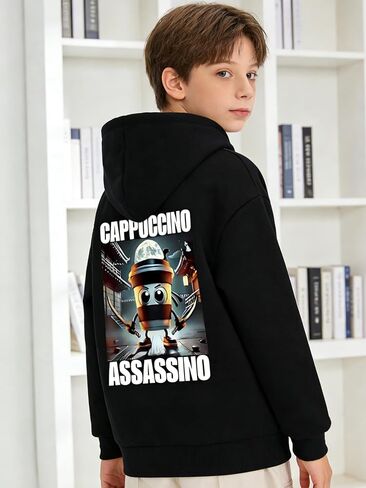 Hoodie for Boys, Graphic Hoodie Sweatshirt, Kids Pullover Top 6-14 Years, Boys Long Sleeve Sweatshirt, Italian Brainrot Print in Saudi Arabia