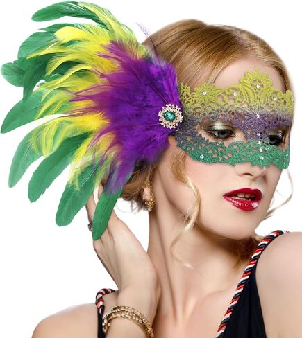 Mardi Gras Mask with Feathers - Venetian Masquerade Masks for Women Men Couples, Carnival Mask for Party in Saudi Arabia