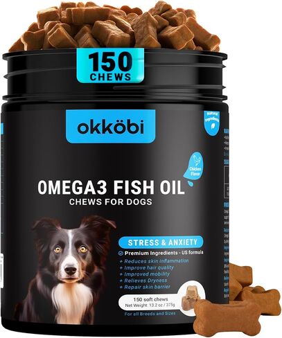 Omega 3 Chews for Dogs - 150Pcs - Dog Skin and Coat Supplement - Rich in EPA & DHA Fatty Acids - Itching Skin Relief Chews - Reduce Hair Shedding - Made with Fish Oil - Chicken in Saudi Arabia
