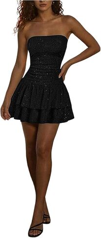 Women's Plus Size Ruched Glitter Tube Dress Layered Ruffle Strapless A Line Evening Party Cocktail Dresses in Saudi Arabia