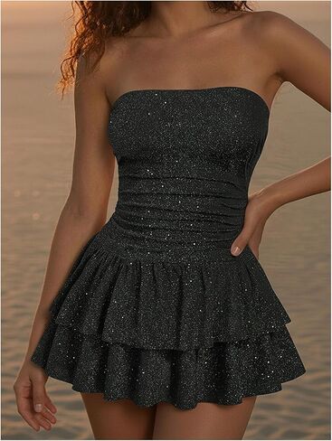 Women's Plus Size Ruched Glitter Tube Dress Layered Ruffle Strapless A Line Evening Party Cocktail Dresses in Saudi Arabia