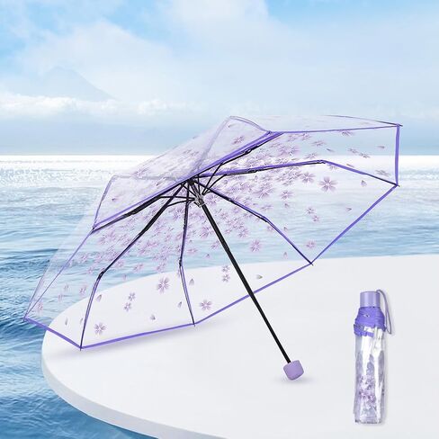 Folding Umbrella for Rain, Cute Transparent Cherry Blossom Umbrellas, Portable Waterproof (Purple) in Saudi Arabia