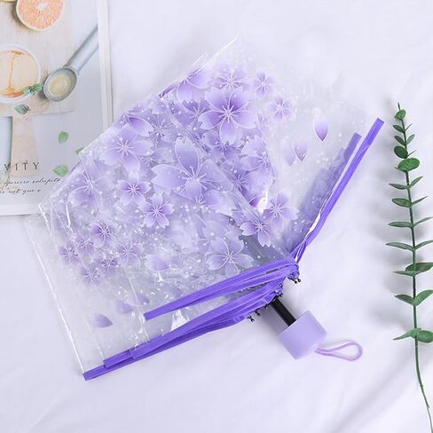 Folding Umbrella for Rain, Cute Transparent Cherry Blossom Umbrellas, Portable Waterproof (Purple) in Saudi Arabia
