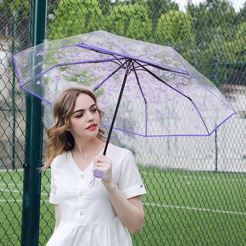 Folding Umbrella for Rain, Cute Transparent Cherry Blossom Umbrellas, Portable Waterproof (Purple) in Saudi Arabia