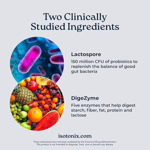 Isotonix® الإنزيمات الهاضمة مع البروبيوتيك | مركب DigeZyme® متعدد الإنزيمات وLactospore® Bacillus Coagulans | امتصاص العناصر الغذائية وتوازن القناة الهضمية وصحة الجهاز الهضمي | نباتي، خالي من الغلوتين | 90 حصة in Kuwait
