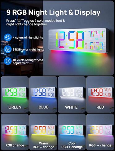 ساعة حائط رقمية كبيرة مقاس 18.5 بوصة من MASHI مع جهاز تحكم عن بعد، منبه مزدوج مع شاشة LED كبيرة، 10 سطوع قابل للتعديل، التوقيت الصيفي، أسبوع التاريخ، درجة الحرارة لغرفة المعيشة، غرفة النوم، هدية لكبار السن (فضي) in Saudi Arabia