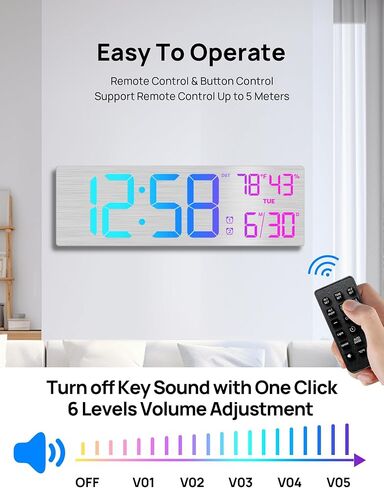 ساعة حائط رقمية كبيرة مقاس 18.5 بوصة من MASHI مع جهاز تحكم عن بعد، منبه مزدوج مع شاشة LED كبيرة، 10 سطوع قابل للتعديل، التوقيت الصيفي، أسبوع التاريخ، درجة الحرارة لغرفة المعيشة، غرفة النوم، هدية لكبار السن (فضي) in Saudi Arabia