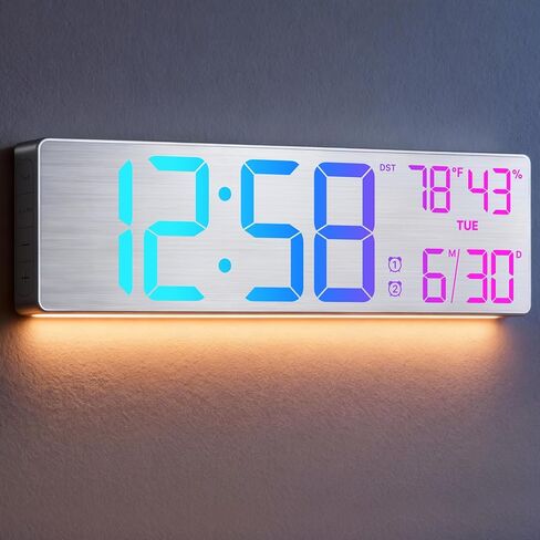 ساعة حائط رقمية كبيرة مقاس 18.5 بوصة من MASHI مع جهاز تحكم عن بعد، منبه مزدوج مع شاشة LED كبيرة، 10 سطوع قابل للتعديل، التوقيت الصيفي، أسبوع التاريخ، درجة الحرارة لغرفة المعيشة، غرفة النوم، هدية لكبار السن (فضي) in Saudi Arabia