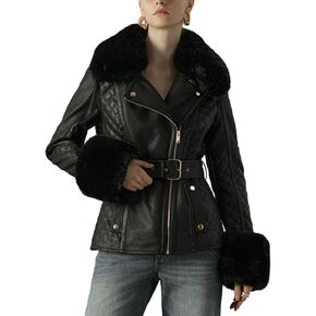 Women's Faux Leather Jacket Moto Sherpa Lined Lapel Fall Coat Thick Parka Winter Overcoat with Belt in Saudi Arabia