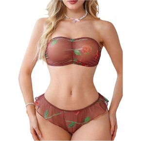 SOLY HUX Women's Floral Print Mesh Sheer Lingerie Set Ruched Strapless Bandeau Bra and Ruffle Panty Underwear Sets in Kuwait