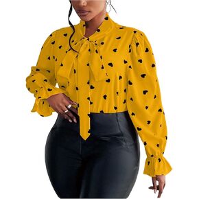 WDIRARA Women's Plus Size Heart Print Blouse Tie Neck Long Sleeve Shirt Tops in Saudi Arabia
