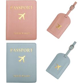 2 Sets Passport Covers Holder and Luggage Tags Set, Leather Travel Luggage Tags Gift for Bridal Shower, Wedding Engagement, Couple Honeymoon Travel(Pink&Blue) in Kuwait
