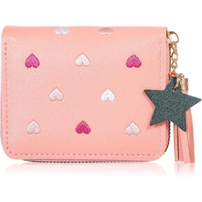 Larrel Women Wallet with Zipper, Pink Girls Wallet, Cute Wallets with Heart-Embroidery and Star Tassels Pendant, Small Leather Wallets for Coins, ID Card, Credit Cards and Bank Cards in Saudi Arabia