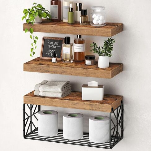Bathroom Shelves Over Toilet Set of 3, Floating Shelves for Wall Toilet Paper Storage, 1.5" Thick Hanging Shelf, Farmhouse Wall Decor for Bathroom Living Room, Kitchen, Rustic Brown 4001BJBF in Saudi Arabia