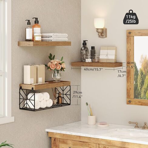 Bathroom Shelves Over Toilet Set of 3, Floating Shelves for Wall Toilet Paper Storage, 1.5" Thick Hanging Shelf, Farmhouse Wall Decor for Bathroom Living Room, Kitchen, Rustic Brown 4001BJBF in Saudi Arabia