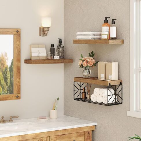 Bathroom Shelves Over Toilet Set of 3, Floating Shelves for Wall Toilet Paper Storage, 1.5" Thick Hanging Shelf, Farmhouse Wall Decor for Bathroom Living Room, Kitchen, Rustic Brown 4001BJBF in Saudi Arabia