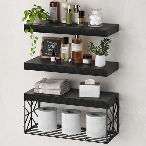 Bathroom Shelves Over Toilet Set of 3, Floating Shelves for Wall Toilet Paper Storage, 1.5" Thick Hanging Shelf, Farmhouse Wall Decor for Bathroom Living Room, Kitchen, Rustic Brown 4001BJBF in Saudi Arabia