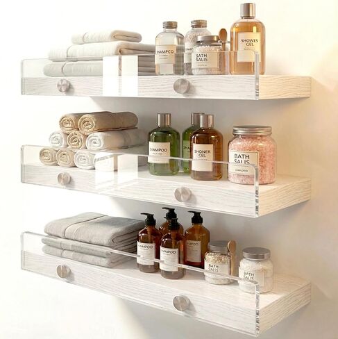 Wood Floating Shelves with Acrylic Front Lip, Rustic Shelf 15.7 inch, Floating Shelf for Wall Mounted Set of 3, Wide Wooden Wall Shelves for Living Room Bedroom Kitchen Bathroom, Brown, 15.7W x 5.8D in Saudi Arabia