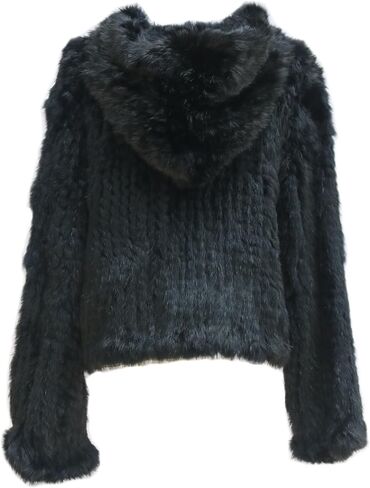 Women's Real Rabbit Fur Coat Loose Hooded Flare Sleeves Thickened Genuine Fur Jacket Short Streetwear in Saudi Arabia