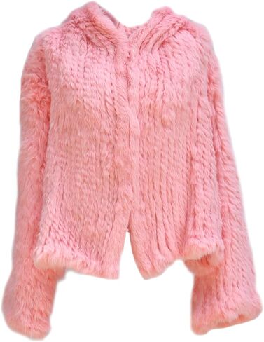 Women's Real Rabbit Fur Coat Loose Hooded Flare Sleeves Thickened Genuine Fur Jacket Short Streetwear in Saudi Arabia