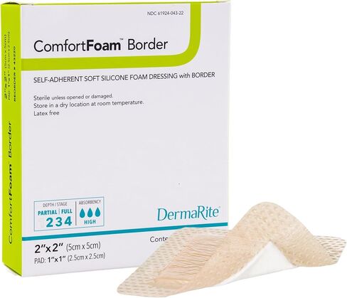 DermaRite ComfortFoam Border, Foam Wound Dressing - Flexible and Soft Silicone, Self Adhesive, No Natural Rubber Latex - 7-1/5 in. x 7-1/5 in., 1 Count, 5 Packs, 5 Total in Kuwait