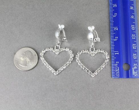Silver Clip On earrings clear crystal heart pendant clips earrings lightweight non-pierced earrings 1 7/8 inches long in Saudi Arabia