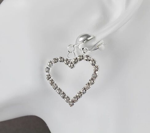 Silver Clip On earrings clear crystal heart pendant clips earrings lightweight non-pierced earrings 1 7/8 inches long in Saudi Arabia