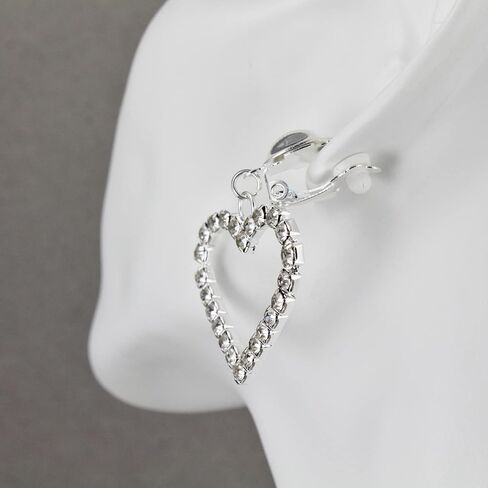 Silver Clip On earrings clear crystal heart pendant clips earrings lightweight non-pierced earrings 1 7/8 inches long in Saudi Arabia