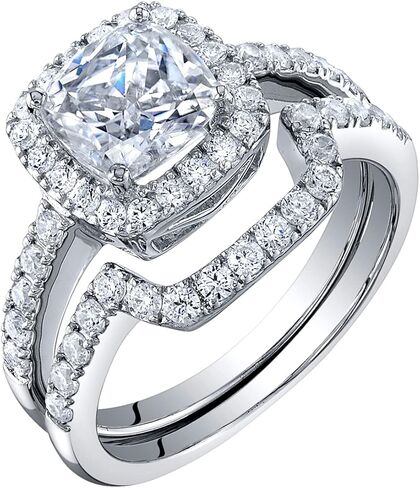 PEORA Moissanite Cushion Cut Halo Engagement Ring and Wedding Band Bridal Set in Sterling Silver, 2 Carat Center, DE Color, VVS Clarity, Sizes 4 to 10 in Saudi Arabia