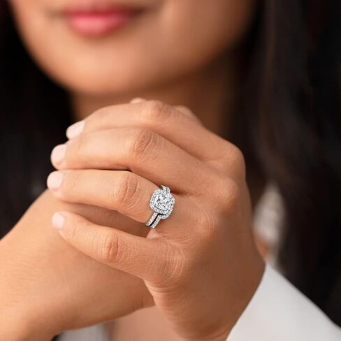 PEORA Moissanite Cushion Cut Halo Engagement Ring and Wedding Band Bridal Set in Sterling Silver, 2 Carat Center, DE Color, VVS Clarity, Sizes 4 to 10 in Saudi Arabia