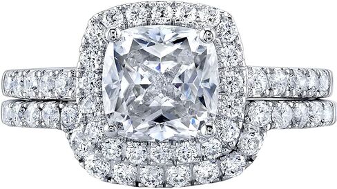 PEORA Moissanite Cushion Cut Halo Engagement Ring and Wedding Band Bridal Set in Sterling Silver, 2 Carat Center, DE Color, VVS Clarity, Sizes 4 to 10 in Saudi Arabia