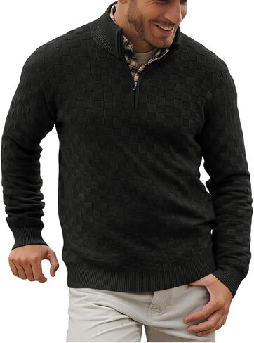 Runcati Mens Quarter Zip Pullover Sweater Casual Mock Neck Slim Fit Checkered Knitted Polo Sweaters in Saudi Arabia