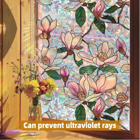 Stained Glass Window Film Privacy, Magnolia Decorative Window Film for Glass, Rainbow Stained Window Cling Sticker Floral Removable Static Cling for Home Room Window (1, Magnolia, 17x39.4in) in Saudi Arabia