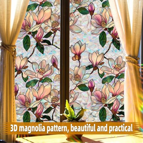 Stained Glass Window Film Privacy, Magnolia Decorative Window Film for Glass, Rainbow Stained Window Cling Sticker Floral Removable Static Cling for Home Room Window (1, Magnolia, 17x39.4in) in Saudi Arabia
