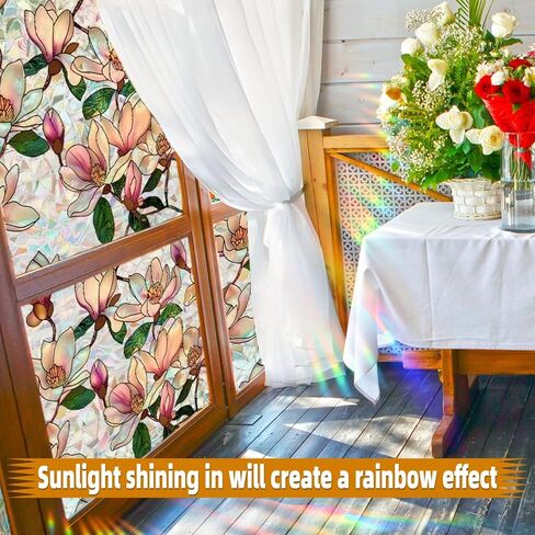 Stained Glass Window Film Privacy, Magnolia Decorative Window Film for Glass, Rainbow Stained Window Cling Sticker Floral Removable Static Cling for Home Room Window (1, Magnolia, 17x39.4in) in Saudi Arabia