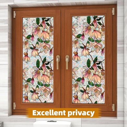 Stained Glass Window Film Privacy, Magnolia Decorative Window Film for Glass, Rainbow Stained Window Cling Sticker Floral Removable Static Cling for Home Room Window (1, Magnolia, 17x39.4in) in Saudi Arabia