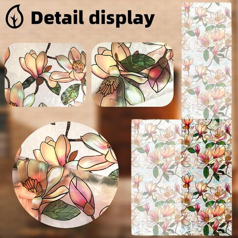 Stained Glass Window Film Privacy, Magnolia Decorative Window Film for Glass, Rainbow Stained Window Cling Sticker Floral Removable Static Cling for Home Room Window (1, Magnolia, 17x39.4in) in Saudi Arabia