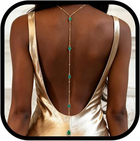 Bounzhi Gold Sexy Rhinestone Back Necklace Crystal Dropback Body Chain Y Long Chain Wedding Body Jewelry for Women and Brides in Saudi Arabia