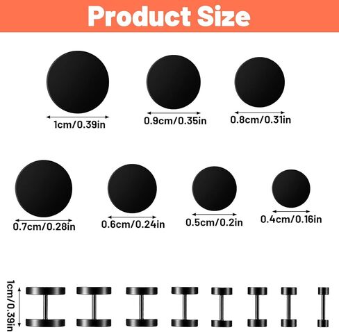 14 Pcs Fake Gauge Earrings, Faux Gauges for Women Fake Plugs Black Earrings for Women Round Ear Studs Stainless Steel Dot Studs 4-10mm 7 Sizes Disc Gauges in Saudi Arabia