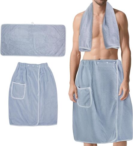 Men's Towel Wrap Bathrobe, Soft Adjustable Bath Wrap for Shower, Sauna Towels, Men Wrap Robes Microfiber Bath Towel, Blue in Kuwait