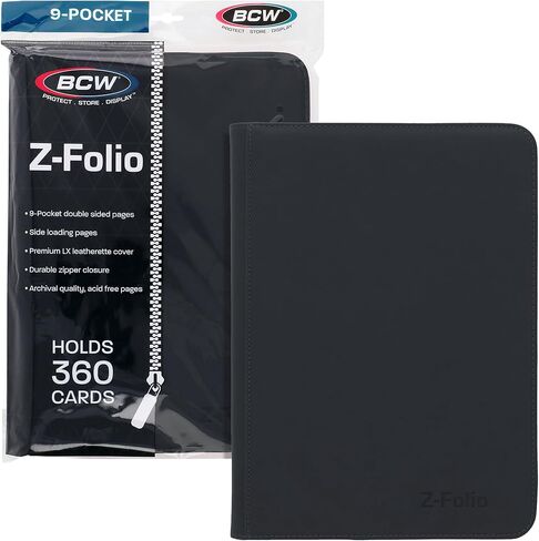 ألبوم BCW Z-Folio 9-Pocket LX - أسود | منظم بطاقات آمن بسحاب | حافظة بطاقات جلدية فاخرة | حافظة بطاقات التداول لبوكيمون، إم تي جي، يوجيوه، بطاقات رياضية والمزيد in Kuwait
