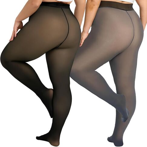 UniikStuff 2 Pairs Plus Size Fleece Lined Tights Womens- Winter Warm Fake Translucent Thermal Pantyhose leggings in Saudi Arabia