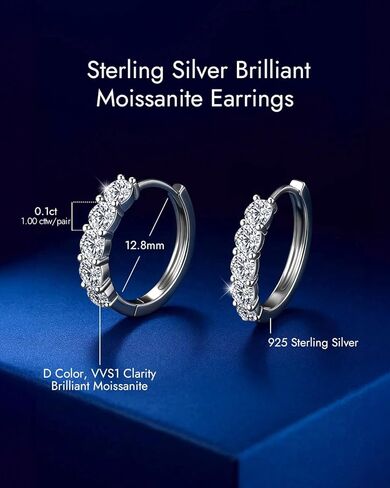 Moissanite Hoop Earrings for Women, 18K White Gold Plated 925 Sterling Silver VVS Round Cut Lab Created Diamond Huggie Brilliant Round Cut Earrings Hypoallergenic, Moissanite Jewelry Gifts for Her in Saudi Arabia