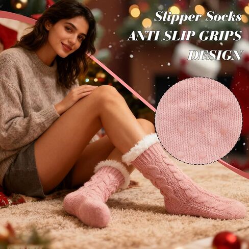 Women Slipper Socks Cozy Winter Warm Fuzzy Socks Non Slip Home Christmas Sock Khaki in Saudi Arabia