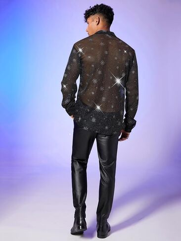 OYOANGLE Men's Graphic Glitter Long Sleeve Button Down Shirts Sheer Collared Party Shirt Top Clubwear in Saudi Arabia