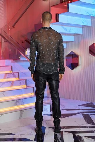 OYOANGLE Men's Graphic Glitter Long Sleeve Button Down Shirts Sheer Collared Party Shirt Top Clubwear in Saudi Arabia